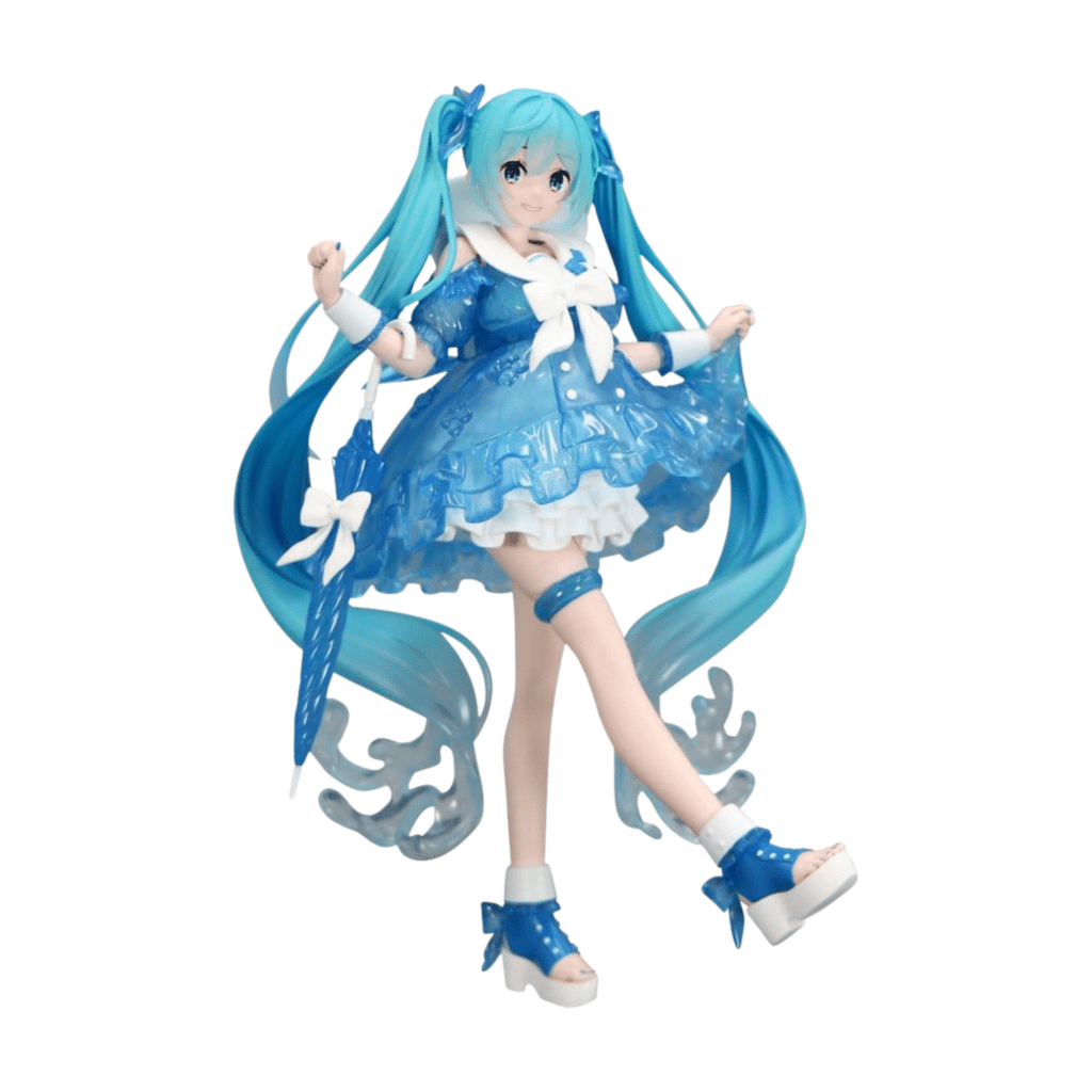 FuRyu Hatsune Miku Figur in Rainy Dance Version mit blauem Regenschirm und transparentem Kleid beim Tanzen.