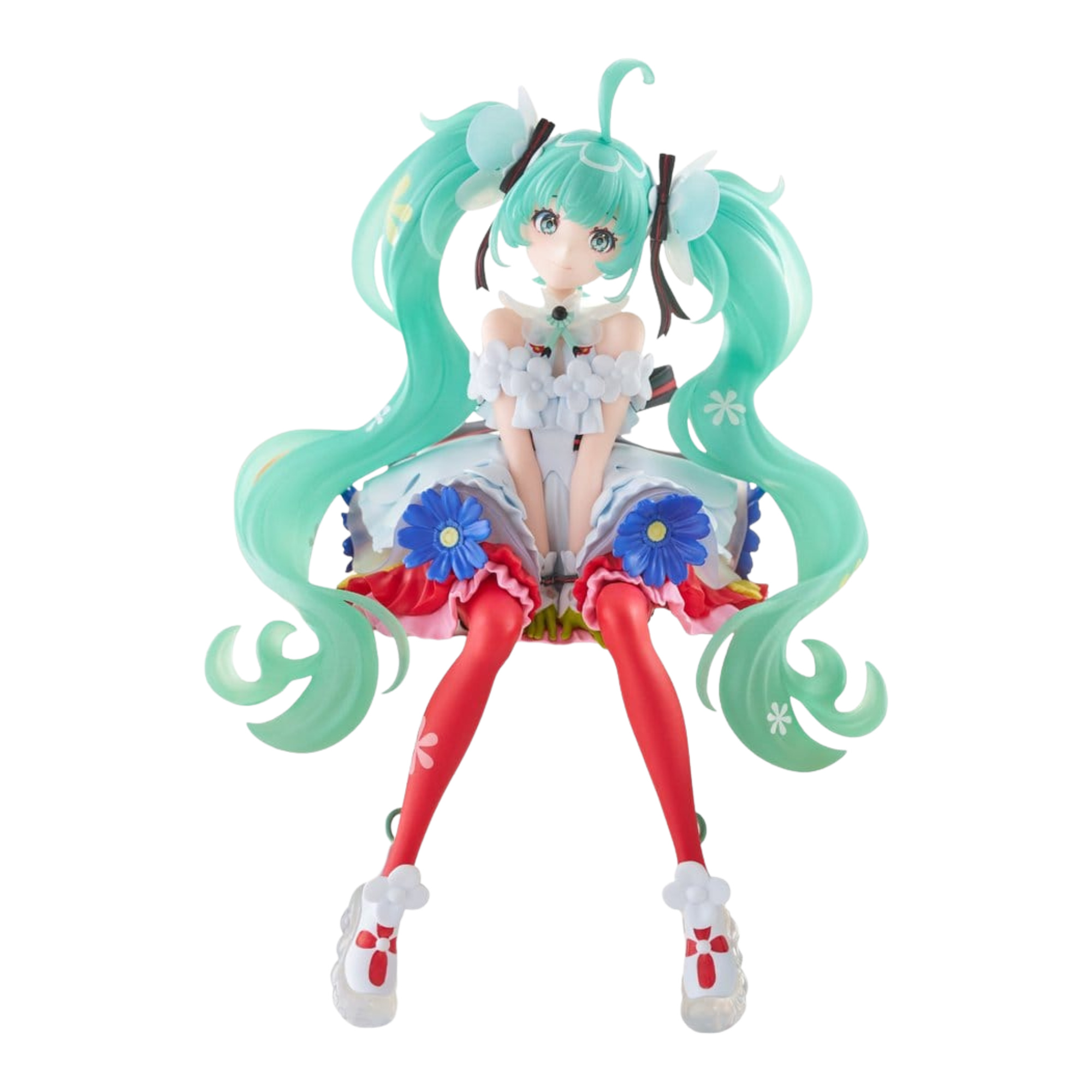 FuRyu Hatsune Miku Figur zur Japan Live Tour 2025 Blooming in blumigem Outfit mit roten Strümpfen in sitzender Pose.