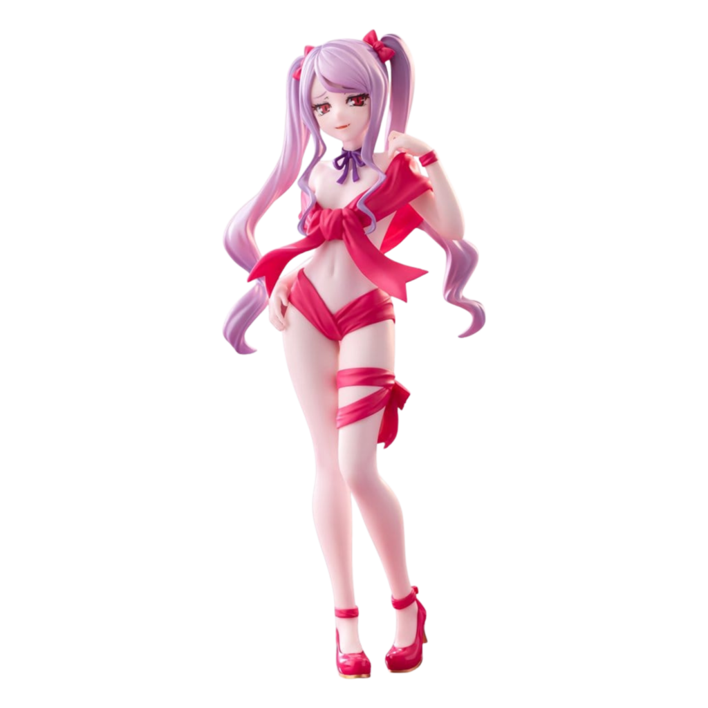 FuRyu Overlord BiCute Ribbons Figur von Shalltear Bloodfallen in roten Schleifen mit Zöpfen und High Heels.