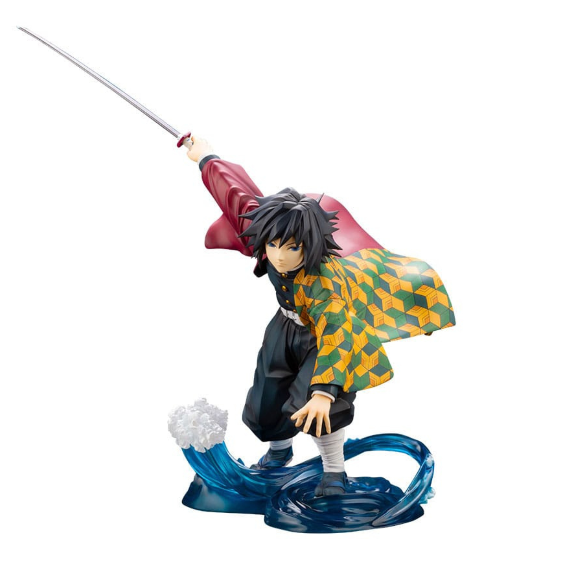 Kotobukiya Demon Slayer ARTFX J Figur von Giyu Tomioka mit erhobenem Schwert und Wasser-Effekt-Base.