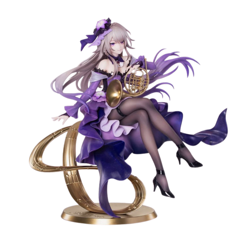 Honkai Star Rail Scale Figur von Herta im violetten Kleid mit Waldhorn sitzend auf einem goldenen Notenschlüssel-Sockel.