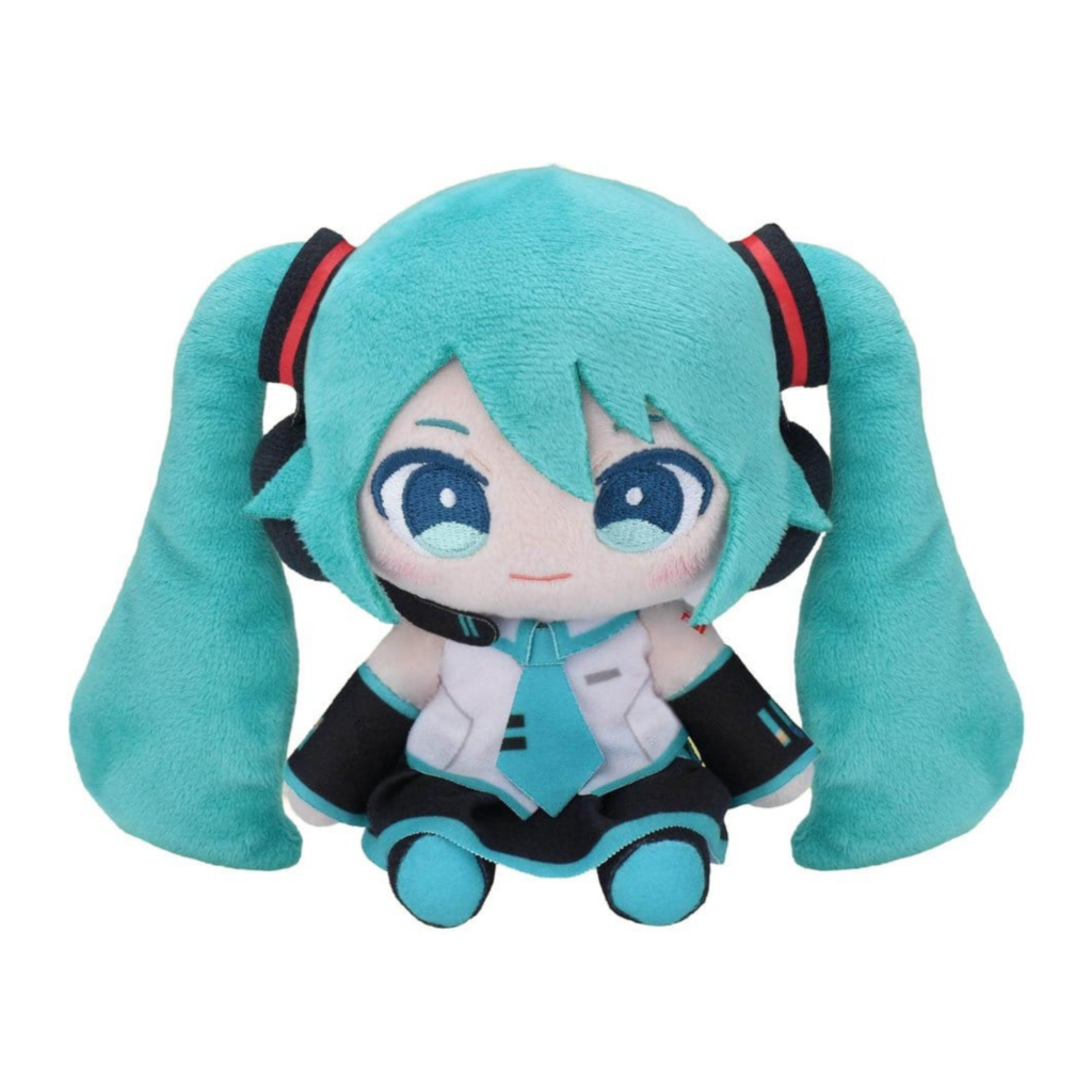 SEGA Vocaloid Mysekai Plüschfigur von Hatsune Miku mit türkisblauen Twintails in sitzender Chibi-Pose.