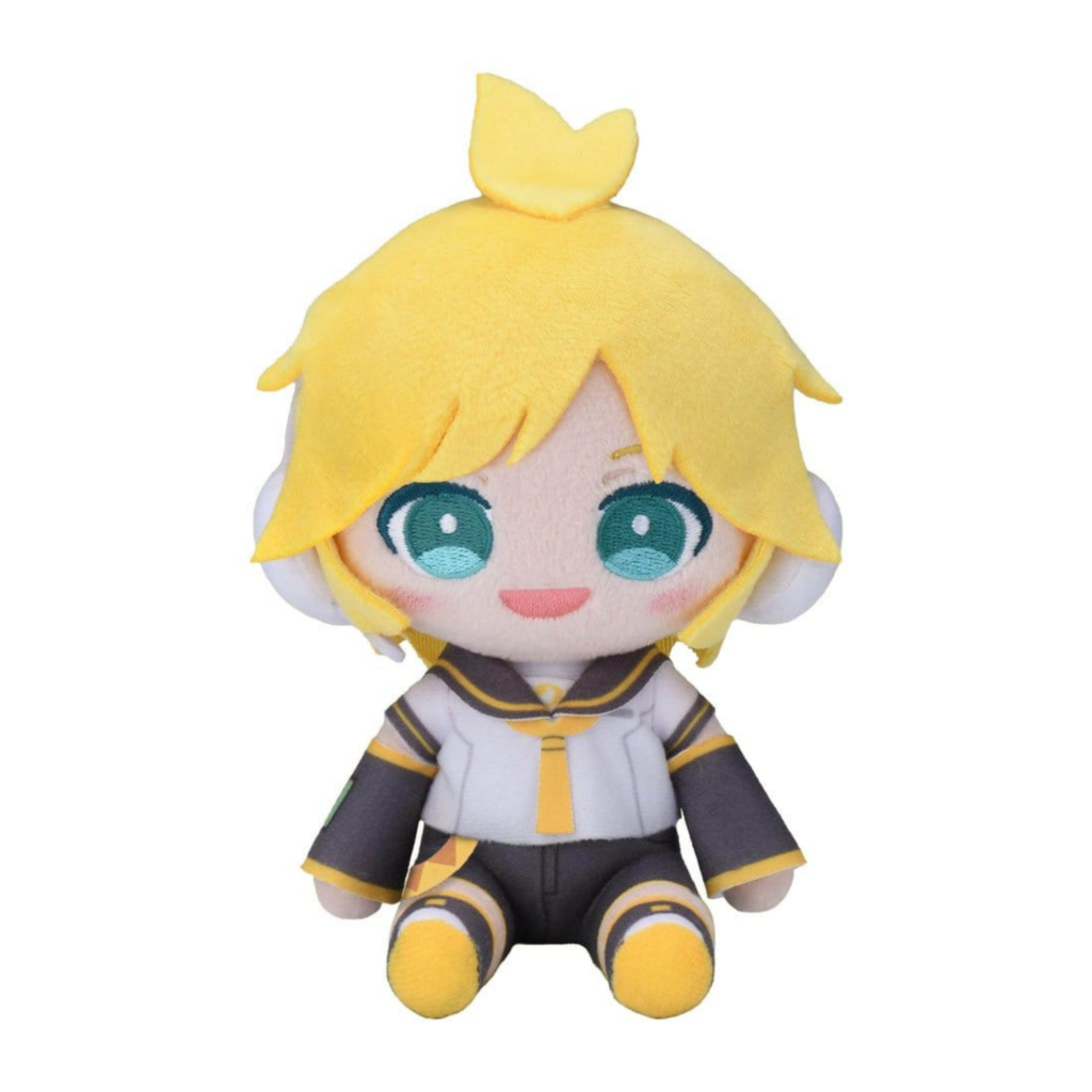 SEGA Vocaloid Mysekai Plüschfigur von Kagamine Len mit gelben Haaren und weiß-grau-gelbem Outfit in sitzender Chibi-Pose.