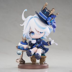 APEX-TOYS Genshin Impact Chibi Mini-Figur von Furina im blauen Outfit mit Zylinderhut und Teetasse neben einem Törtchen auf runder Sockelbasis.
