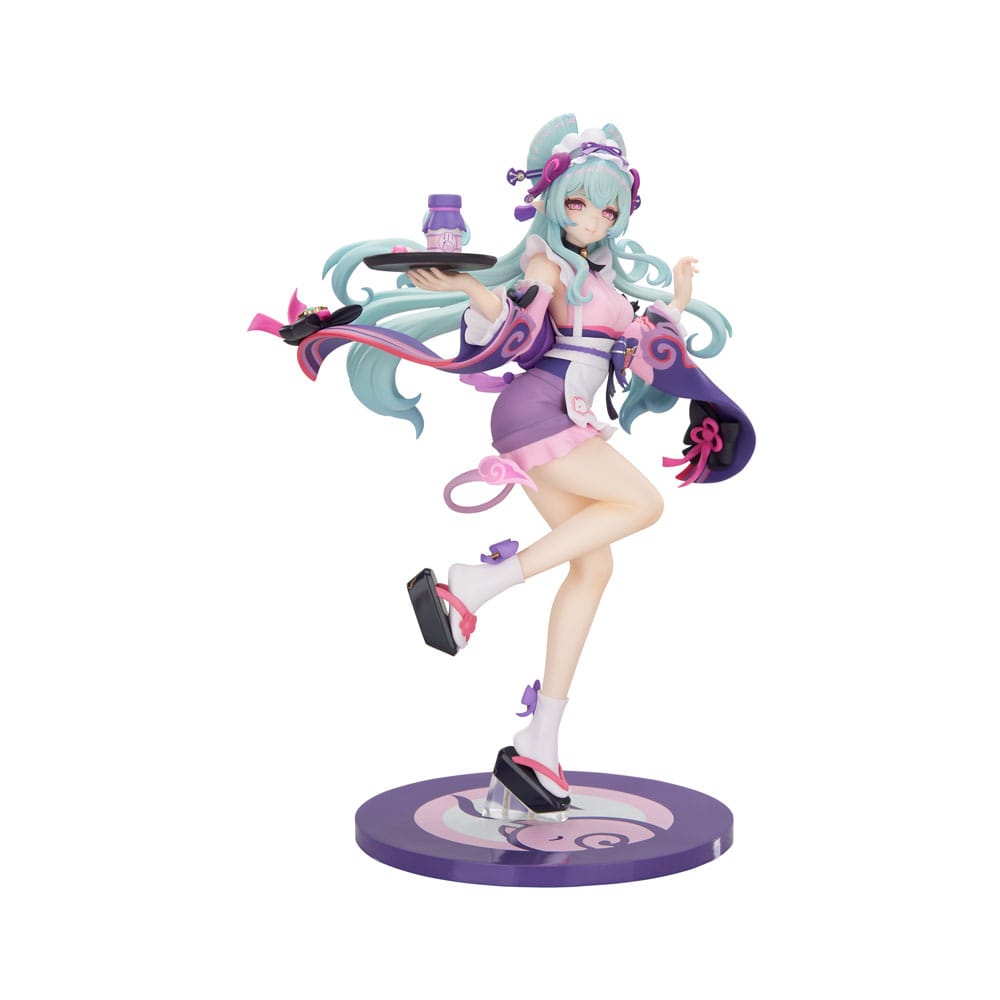 Genshin Impact Figur von Yumemizuki Mizuki in der Dreams Ver. im rosa-violetten Maid-Outfit mit Serviertablett auf violetter Standbasis.
