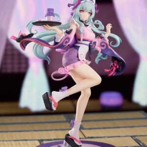 Genshin Impact Figur von Yumemizuki Mizuki in der Dreams Ver. im rosa-violetten Maid-Outfit mit Serviertablett auf violetter Standbasis.