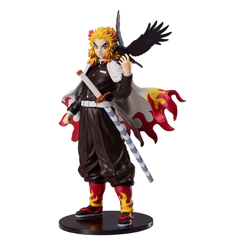 Aniplex Demon Slayer Figur von Kyojuro Rengoku mit Kasugai-Krähe auf der Schulter und Flammen-Umhang auf schwarzer Standbasis.