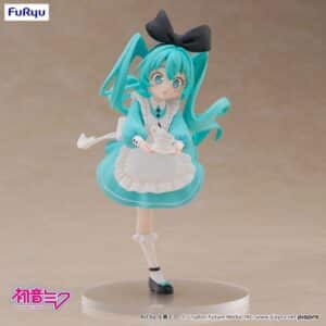 FuRyu Hatsune Miku Figur in Wonderland Version im blau-weißen Alice-Kostüm mit Teetasse und großer schwarzer Schleife.