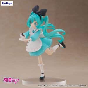 FuRyu Hatsune Miku Figur in Wonderland Version im blau-weißen Alice-Kostüm mit Teetasse und großer schwarzer Schleife.