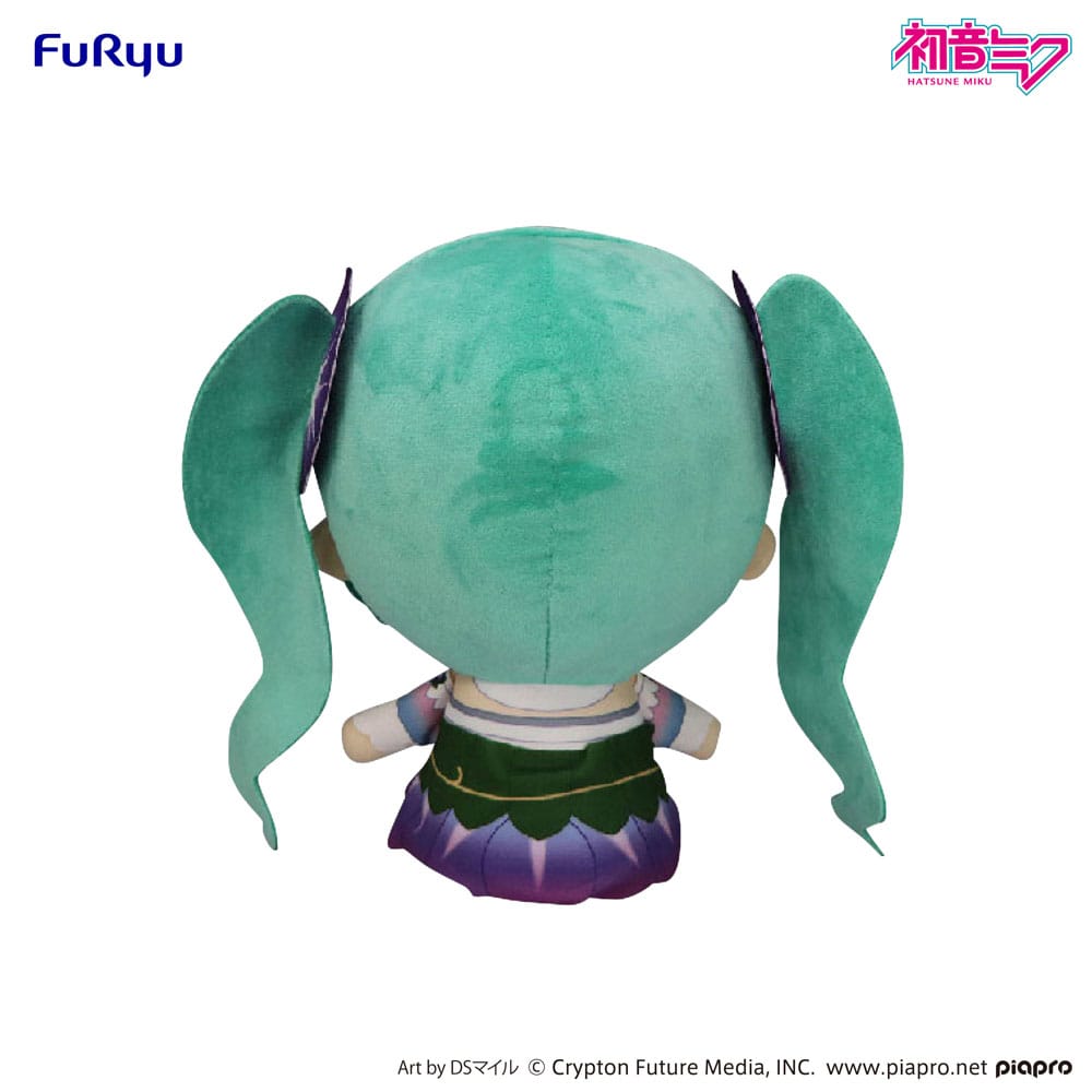 FuRyu Kyurumaru Plüschfigur von Hatsune Miku im blumigen Morning-Glory-Outfit mit violetten Blüten-Details.