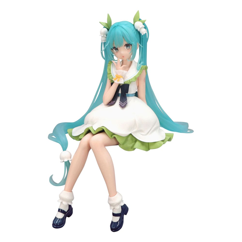 FuRyu Hatsune Miku Figur als Flower Fairy Lily of the Valley im weiß-grünen Kleid mit Maiglöckchen-Haarschmuck in sitzender Pose.