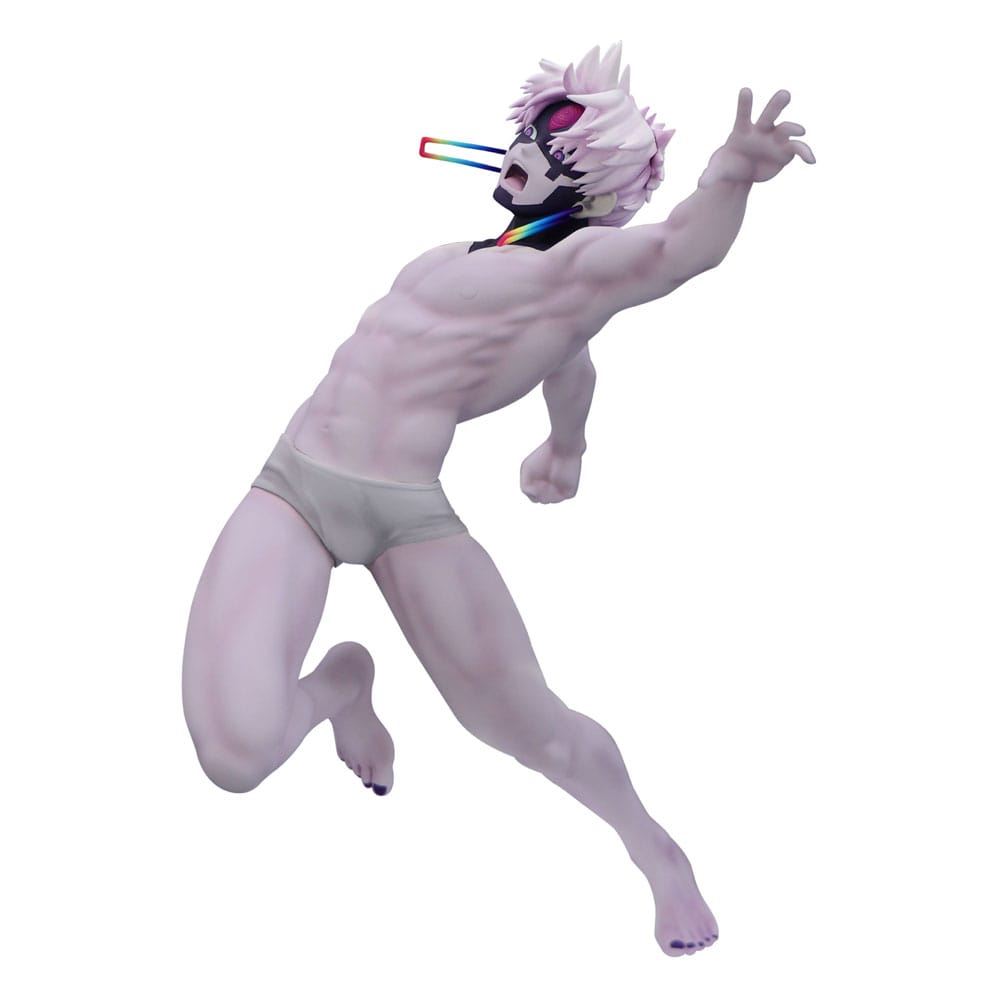 FuRyu Dandadan Trio-Try-iT Figur von Jiji in transformierter Form mit Regenbogen-Gesichtsmuster in dynamischer Sprungpose.