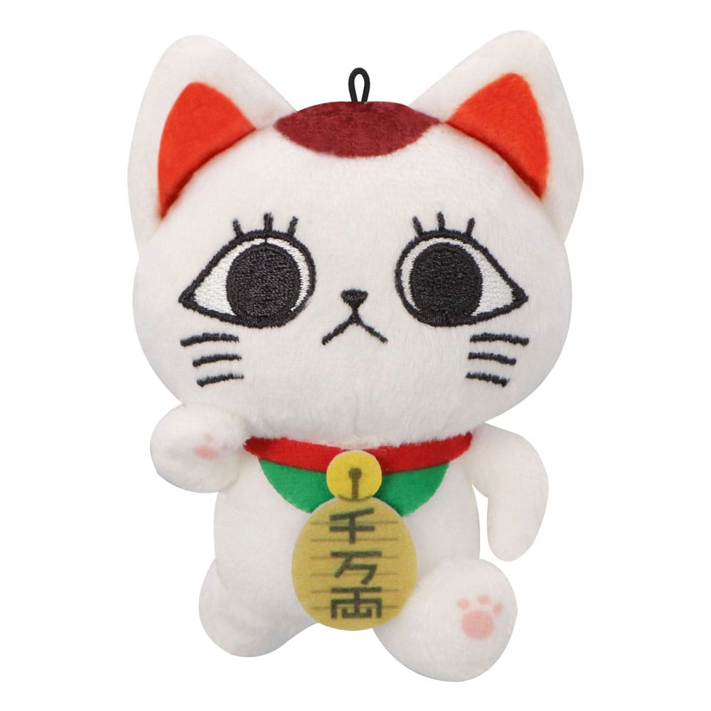 FuRyu Dandadan Plüschfigur B von Turbo Granny als weiße Winke-Katze mit großen Augen und Goldmünze.