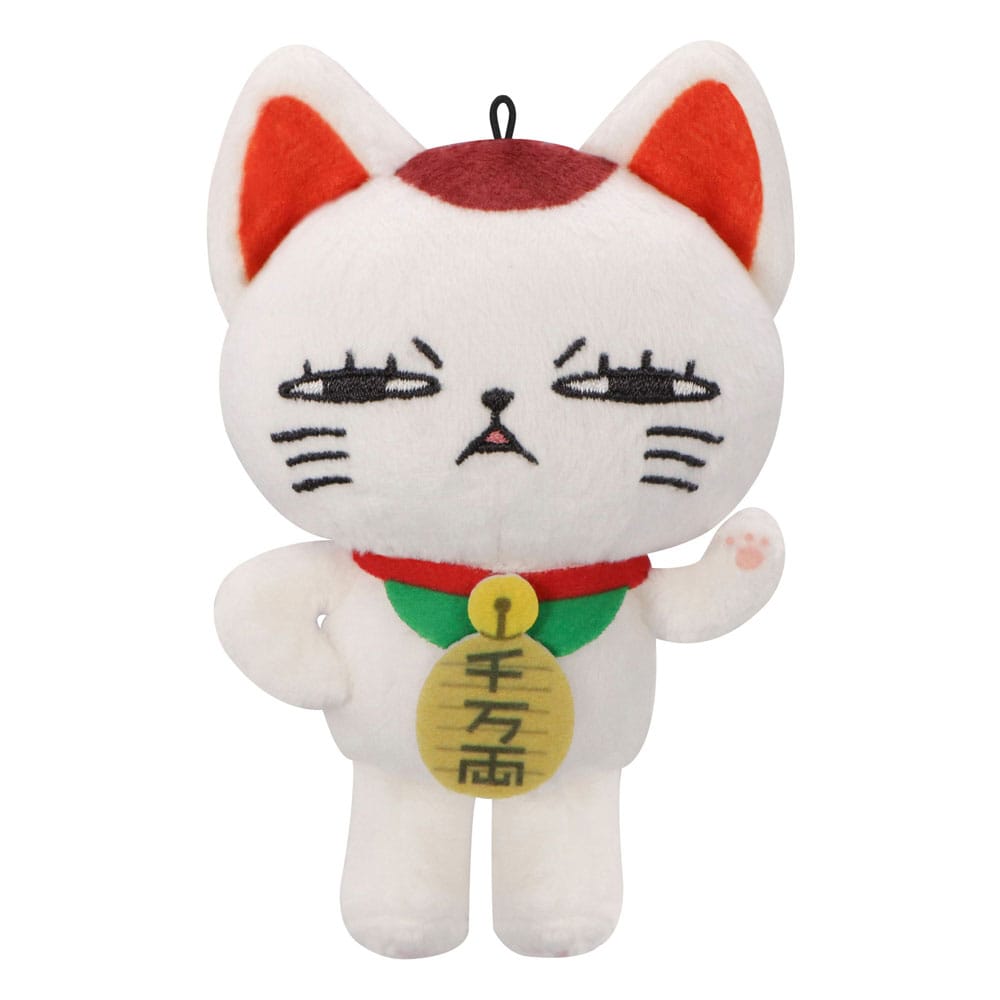 FuRyu Dandadan Plüschfigur A von Turbo Granny als weiße Winke-Katze mit mürrischem Blick und Goldmünze.