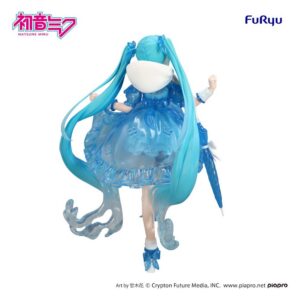FuRyu Hatsune Miku Figur in Rainy Dance Version mit blauem Regenschirm und transparentem Kleid beim Tanzen.