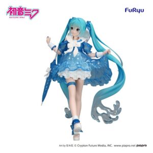 FuRyu Hatsune Miku Figur in Rainy Dance Version mit blauem Regenschirm und transparentem Kleid beim Tanzen.