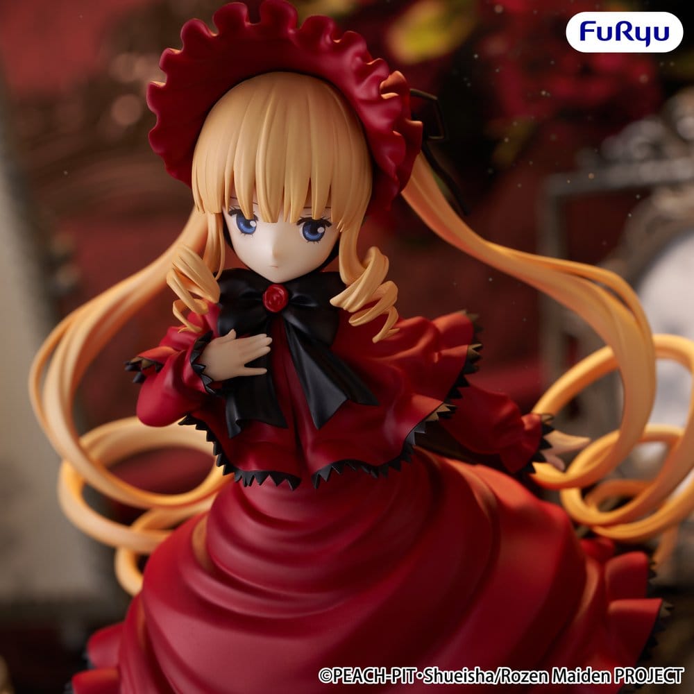 FuRyu Rozen Maiden Trio-Try-iT Figur von Shinku im roten Rüschenkleid mit passender Haube und blonden Ringellocken.