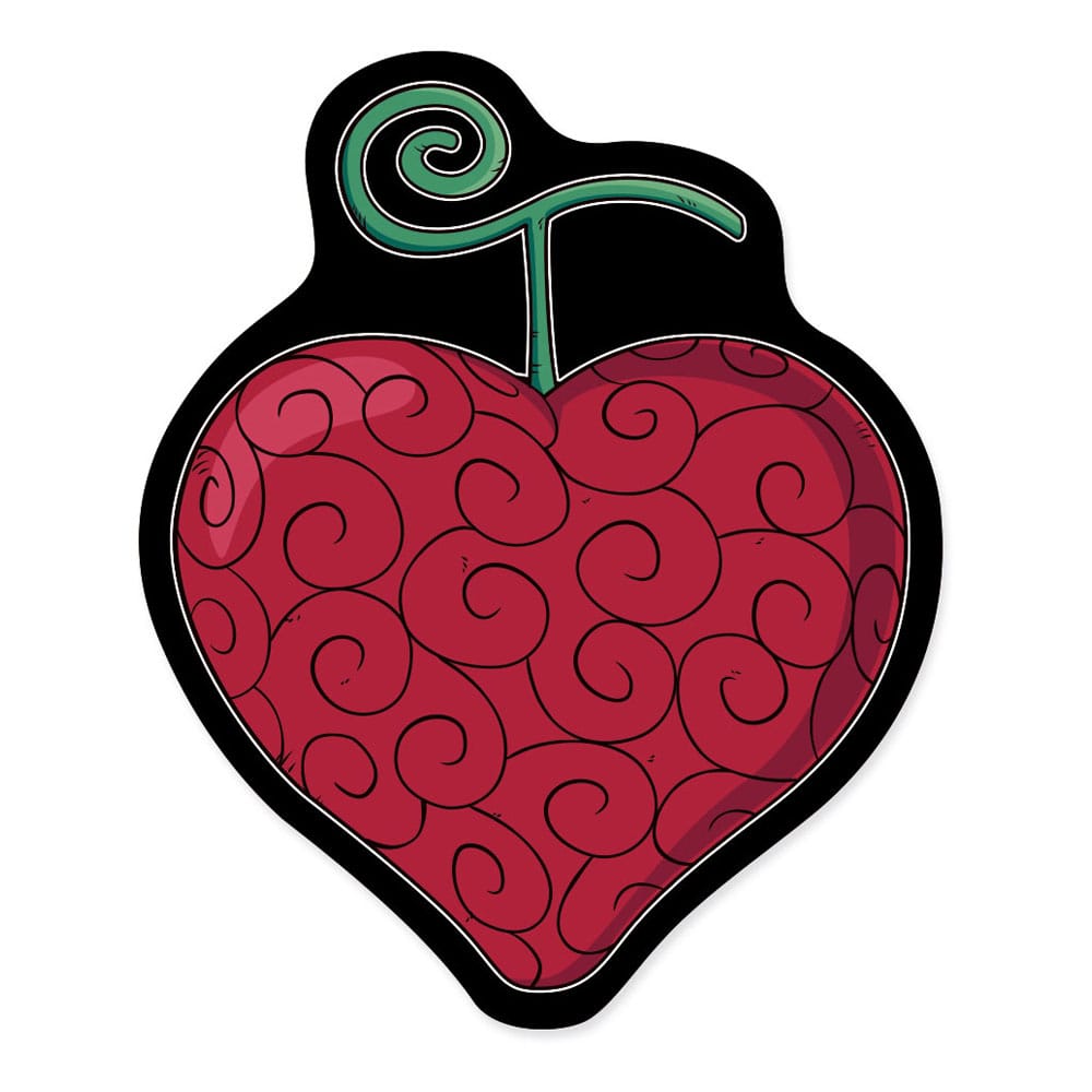 One Piece Dekokissen der Operations-Frucht (Op-Op no Mi) Teufelsfrucht in herzförmiger Kontur mit roten Wirbeln und grünem Stängel.