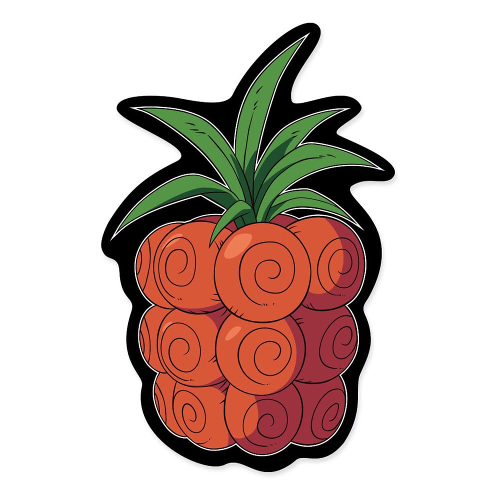 One Piece Dekokissen der Trenn-Trenn-Frucht Teufelsfrucht in Konturform mit rötlichen Segmenten und grünen Blättern.