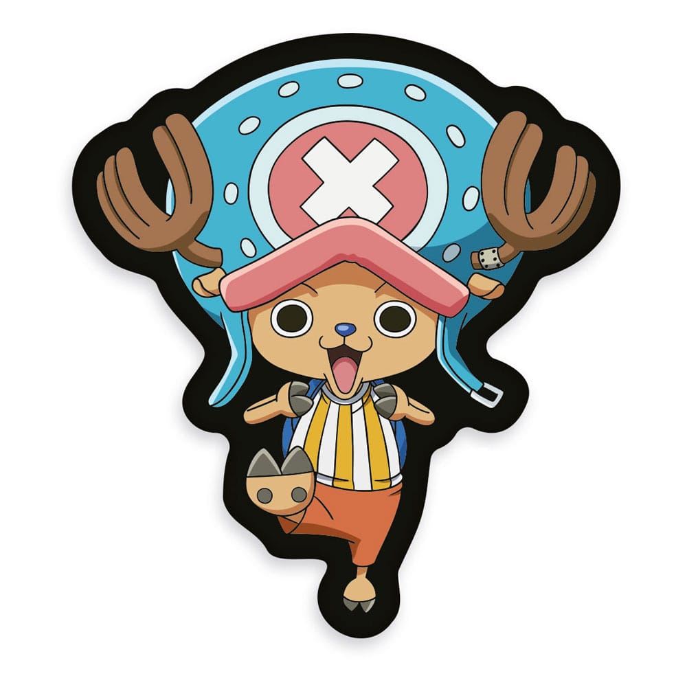 One Piece Dekokissen von Tony Tony Chopper in Konturform mit bunter Mütze und fröhlicher Pose.