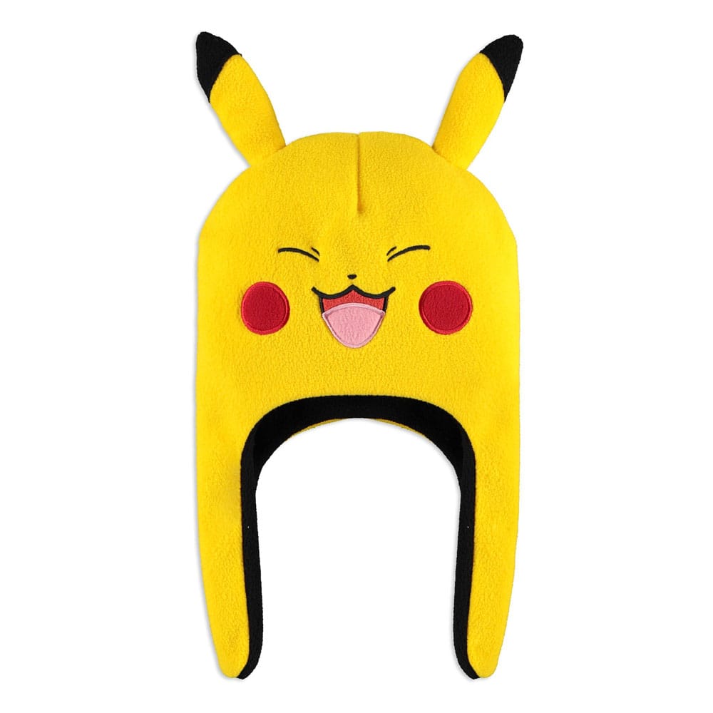 Gelbe Pokémon Skimütze aus Polar Fleece im Pikachu-Design mit 3D-Ohren, roten Bäckchen und schwarzen Ohrenklappen-Rändern.