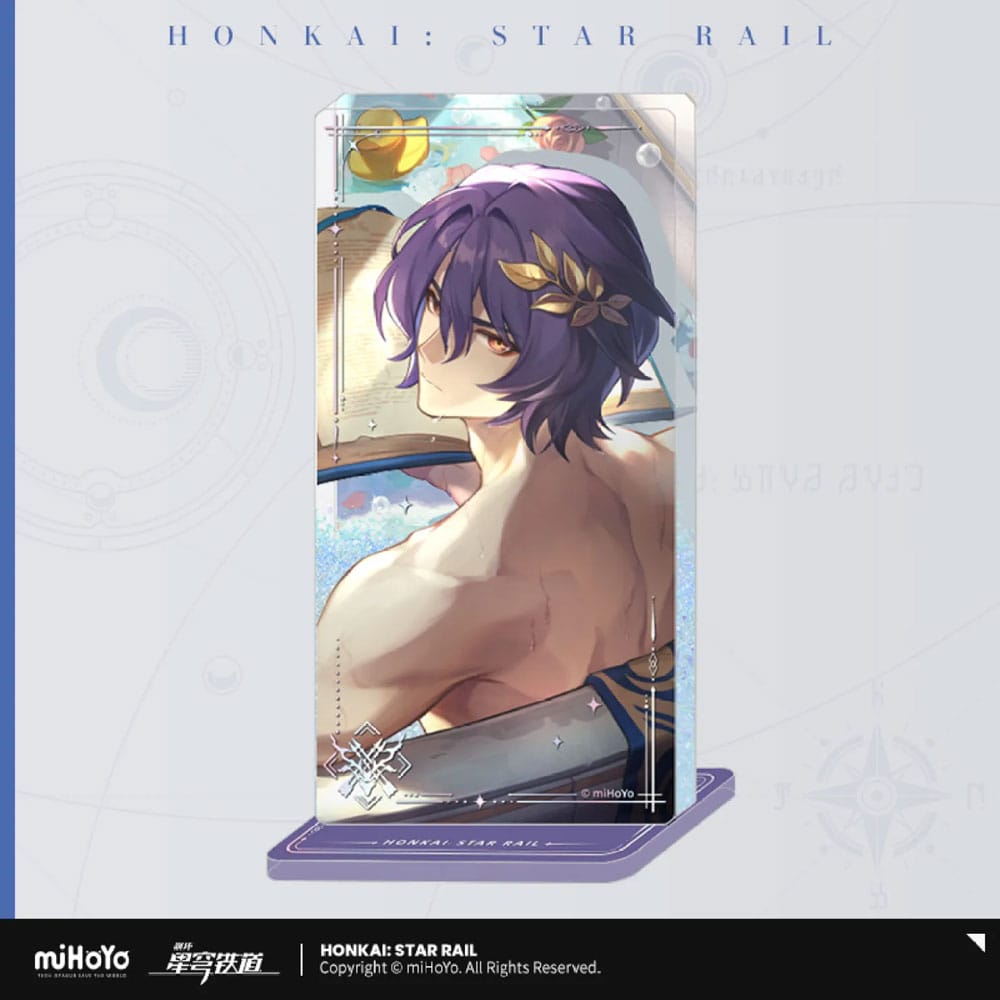 Honkai Star Rail Acryl-Ornament von Dr. Ratio mit violetten Haaren, Lorbeerkranz und Glitzereffekt auf violettem Acrylsockel.