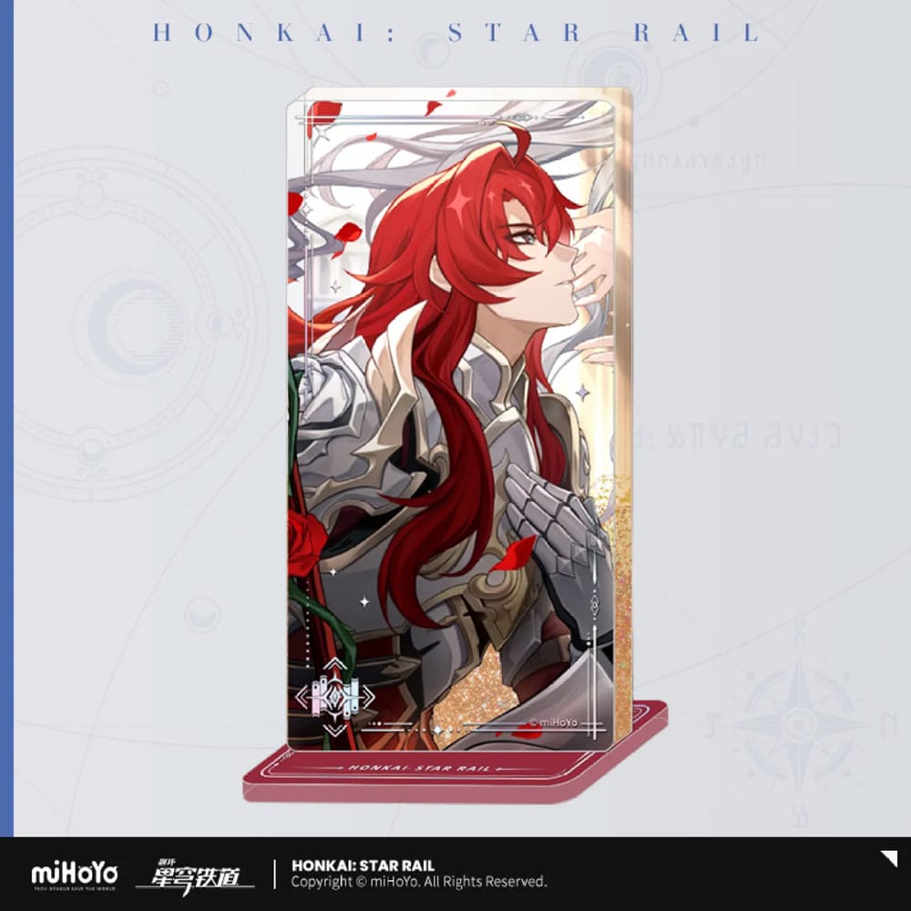 Honkai Star Rail Acryl-Ornament von Argenti im Profil in silberner Rüstung mit roten Rosenblüten und Glitzereffekt auf rotem Acrylsockel.