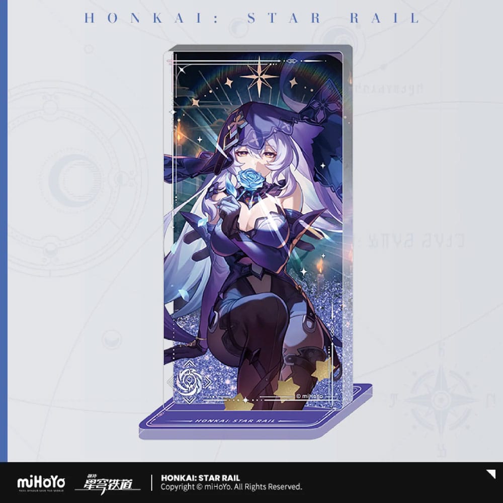 Honkai Star Rail Acryl-Ornament von Black Swan mit Glitzereffekt im violetten Outfit mit blauer Rose auf Acrylsockel.