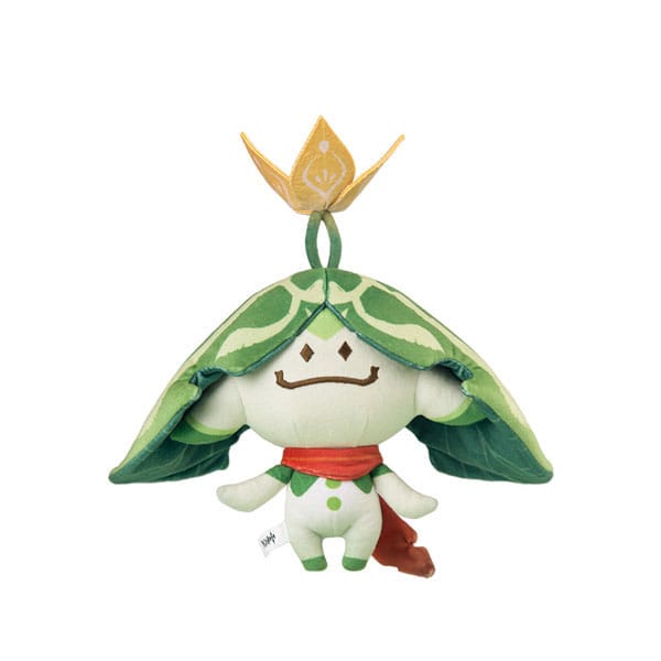 Genshin Impact Plüschfigur von Arama dem Aranara aus der Spinning Series mit grüner Blattkappe, gelber Blüte und rotem Schal.