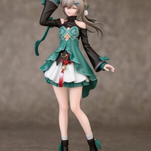 Honkai Star Rail Figur von Qingque im jade-grünen Outfit mit geschlossenen Augen und Schweißtropfen-Effekt auf dekorativer Sockelbasis.