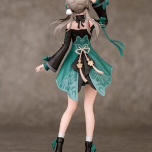 Honkai Star Rail Figur von Qingque im jade-grünen Outfit mit geschlossenen Augen und Schweißtropfen-Effekt auf dekorativer Sockelbasis.
