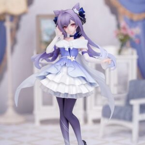 Genshin Impact Figur von Keqing im violett-weißen Opulent Splendor Abendkleid auf runder Standbasis.