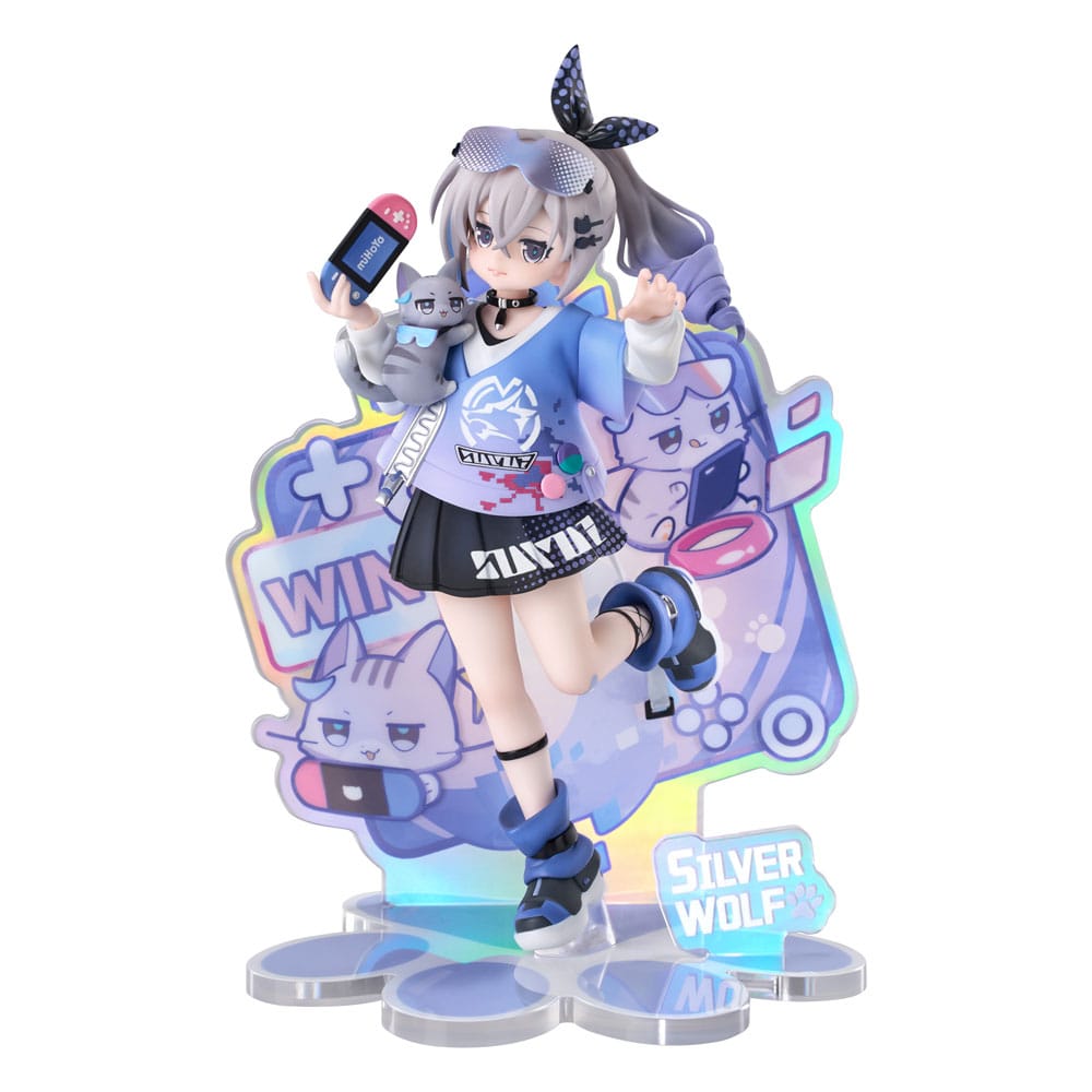 RIBOSE Honkai Star Rail Figur von Silver Wolf im blau-violetten Gamer-Outfit mit kleiner Katze, Konsole und buntem Acryl-Hintergrund.
