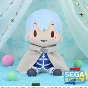 SEGA Fuwa Petit Plüschfigur von Himmel aus Frieren im blauen Helden-Outfit mit grauem Umhang.