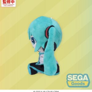 SEGA Vocaloid Mysekai Plüschfigur von Hatsune Miku mit türkisblauen Twintails in sitzender Chibi-Pose.