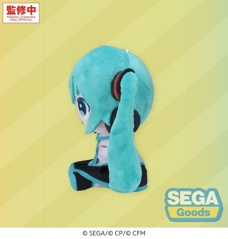 SEGA Vocaloid Mysekai Plüschfigur von Hatsune Miku mit türkisblauen Twintails in sitzender Chibi-Pose.