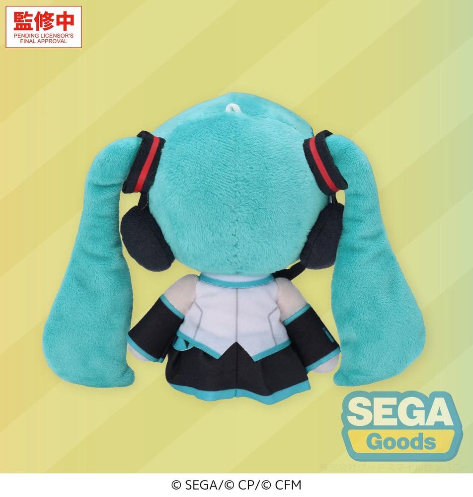 SEGA Vocaloid Mysekai Plüschfigur von Hatsune Miku mit türkisblauen Twintails in sitzender Chibi-Pose.