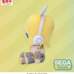 SEGA Vocaloid Mysekai Plüschfigur von Kagamine Rin mit gelben Haaren, weißer Schleife und grau-gelbem Outfit in sitzender Chibi-Pose.
