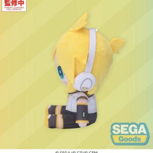 SEGA Vocaloid Mysekai Plüschfigur von Kagamine Len mit gelben Haaren und weiß-grau-gelbem Outfit in sitzender Chibi-Pose.