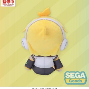 SEGA Vocaloid Mysekai Plüschfigur von Kagamine Len mit gelben Haaren und weiß-grau-gelbem Outfit in sitzender Chibi-Pose.