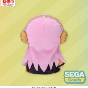 SEGA Vocaloid Mysekai Plüschfigur von Megurine Luka mit rosa Haaren und schwarz-goldenem Outfit in sitzender Chibi-Pose.