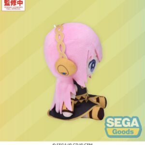 SEGA Vocaloid Mysekai Plüschfigur von Megurine Luka mit rosa Haaren und schwarz-goldenem Outfit in sitzender Chibi-Pose.