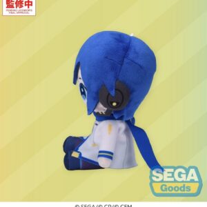 SEGA Vocaloid Mysekai Plüschfigur von Kaito mit blauen Haaren, blauem Schal und weiß-blauem Outfit in sitzender Chibi-Pose.