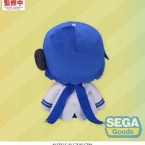SEGA Vocaloid Mysekai Plüschfigur von Kaito mit blauen Haaren, blauem Schal und weiß-blauem Outfit in sitzender Chibi-Pose.